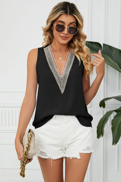 Contrast Trim Plunge Sleeveless Blouse-Angel Casuals