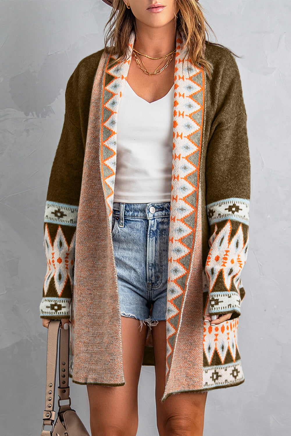 Geometric Open Front Long Sleeve Cardigan-Angel Casuals