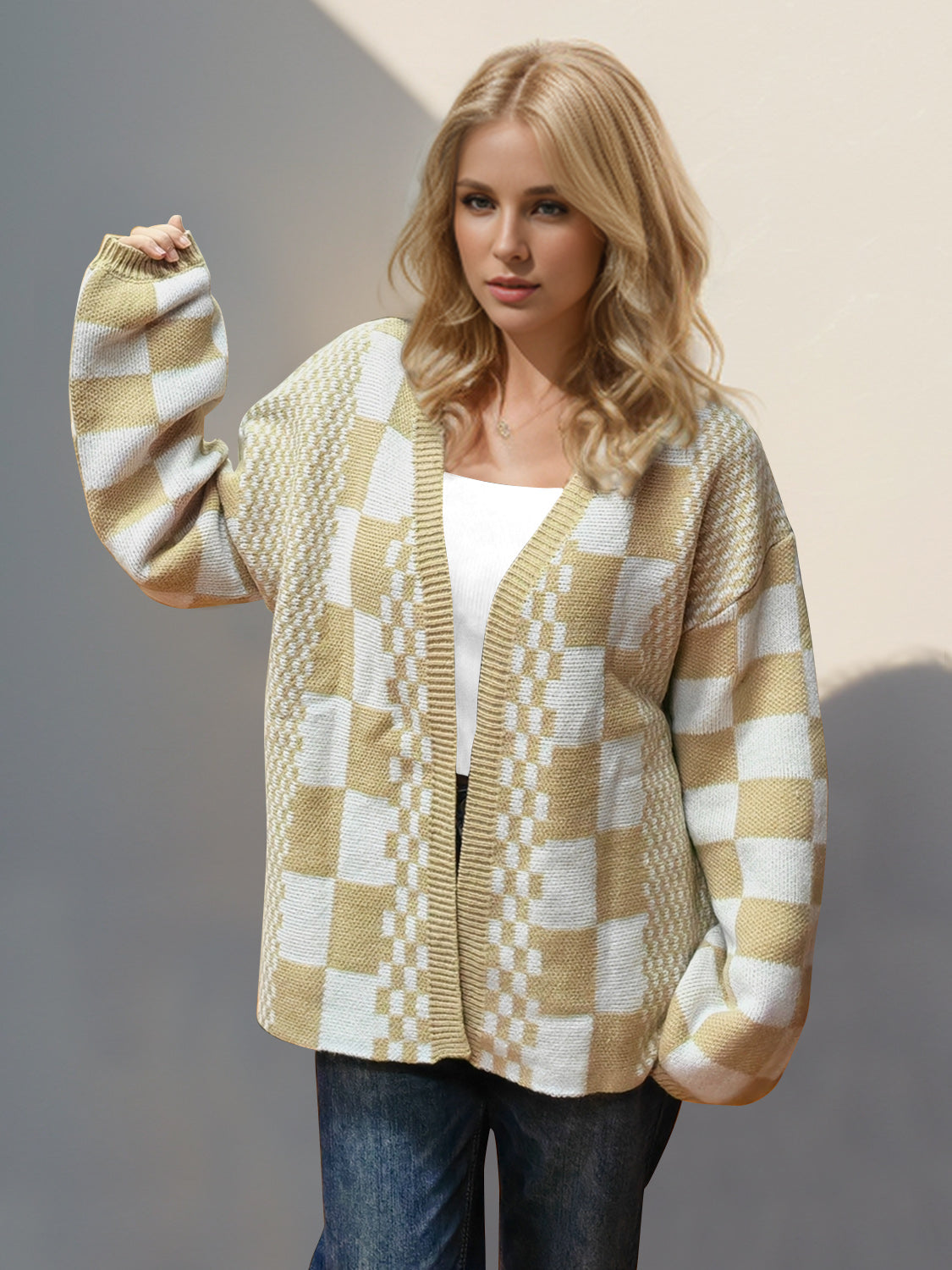 Double Take Checkered Open Front Dropped Shoulder Cardigan-Angel Casuals