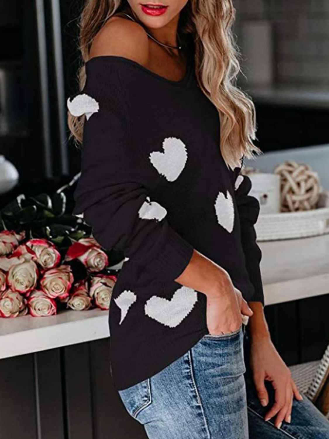 Heart Scoop Neck Long Sleeve Sweater-Angel Casuals