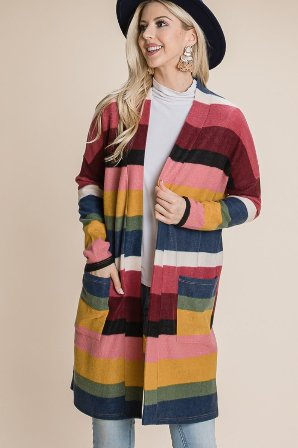 BOMBOM Color Block Striped Open Front Cardigan-Angel Casuals