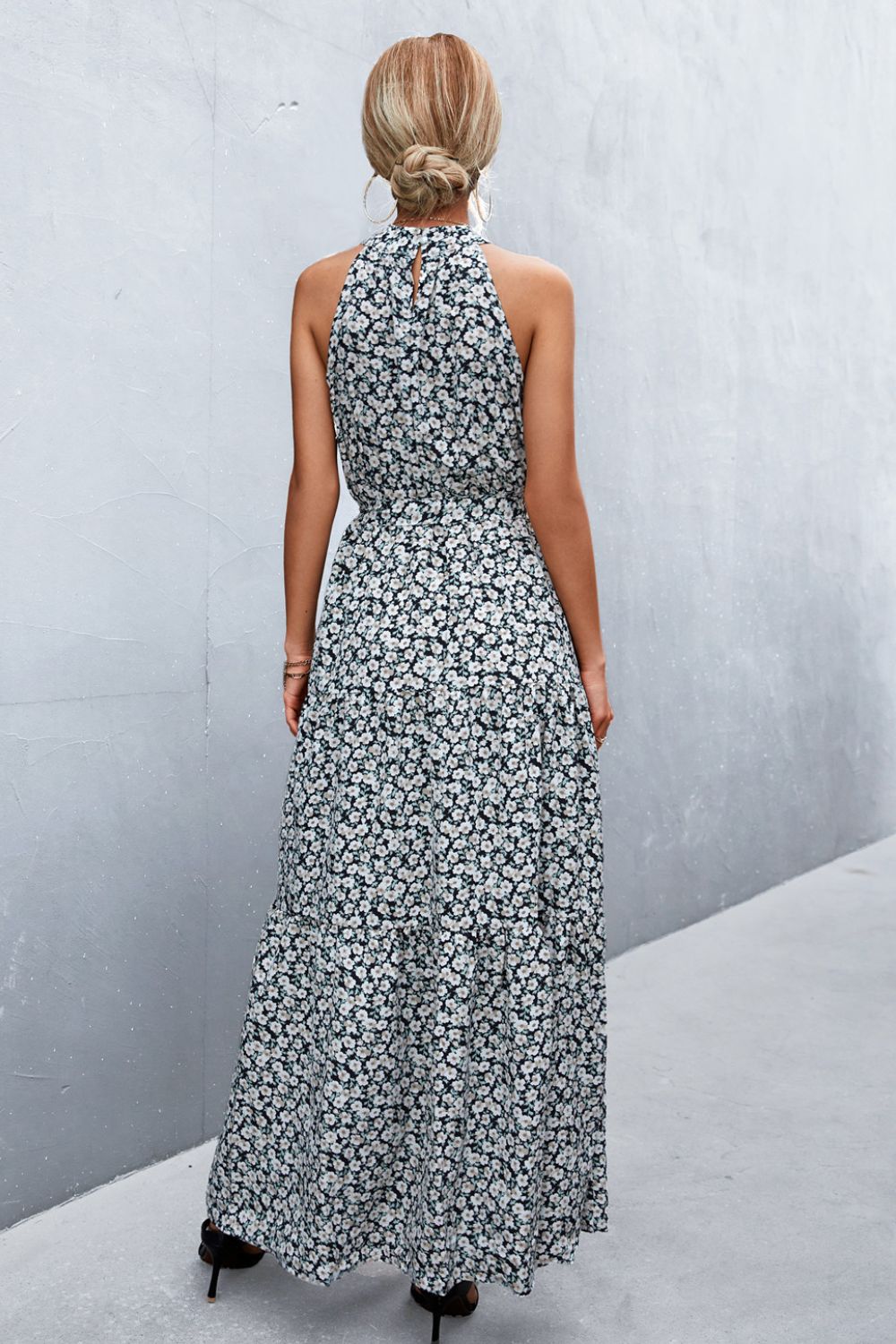 Printed Sleeveless Tie Waist Maxi Dress-Angel Casuals