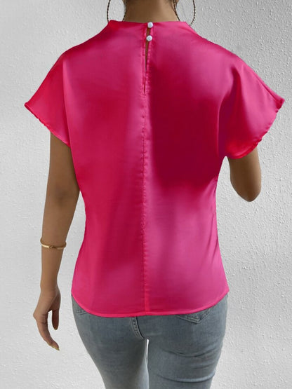 Ruched Mock Neck Short Sleeve Blouse-Angel Casuals