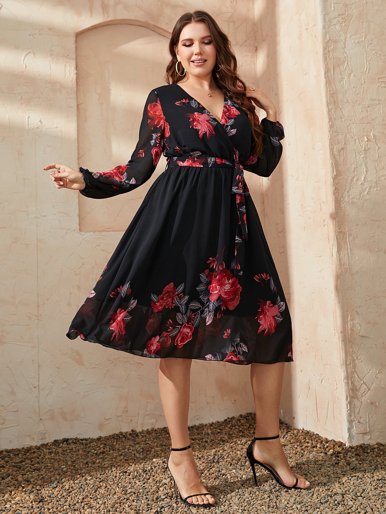 Plus Size Floral Surplice Neck Tie Waist Dress-Angel Casuals