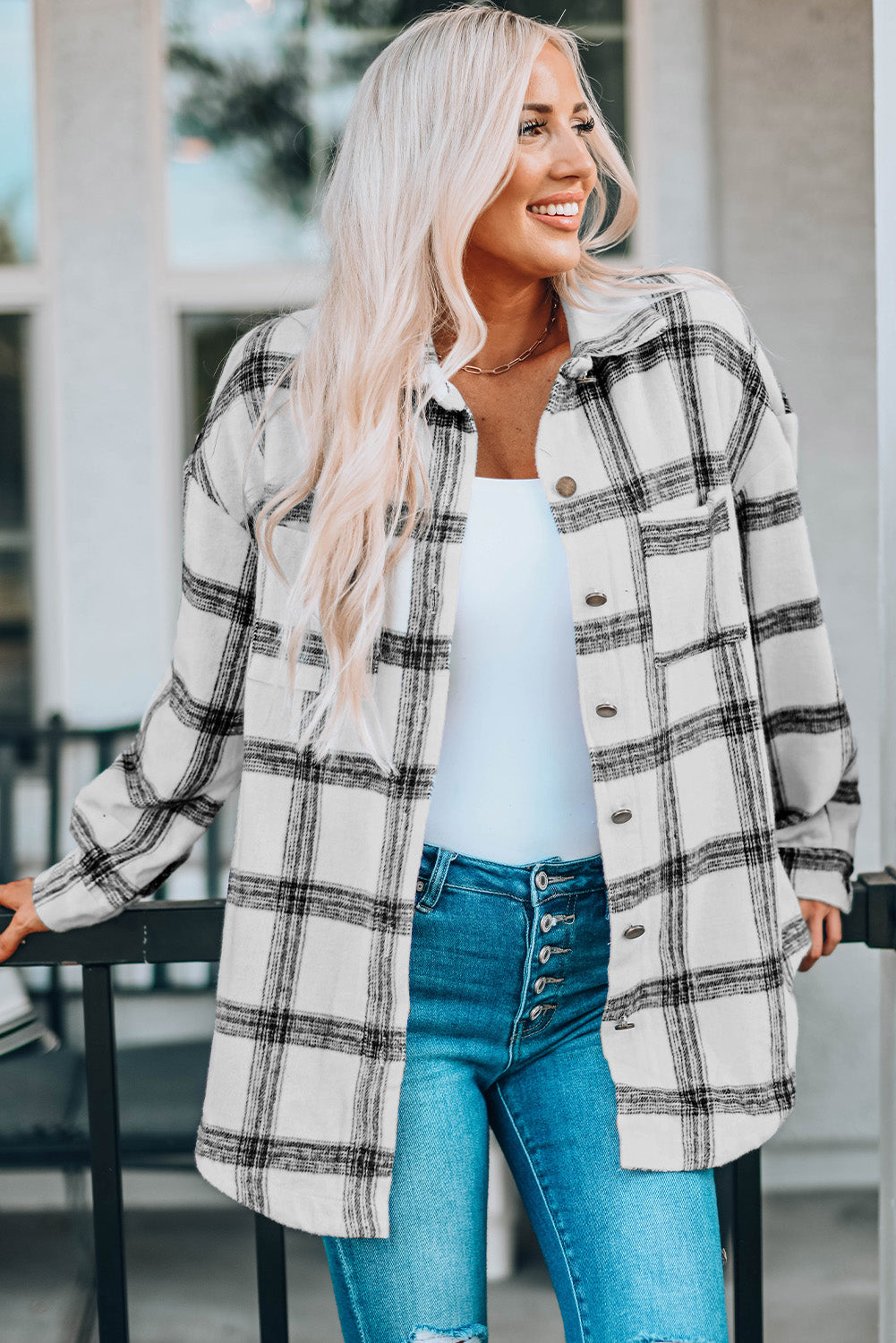 Plaid Curved Hem Dropped Shoulder Longline Shirt Jacket-Angel Casuals