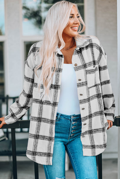 Plaid Curved Hem Dropped Shoulder Longline Shirt Jacket-Angel Casuals