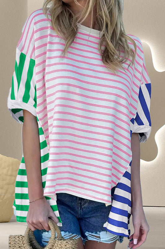 Striped Round Neck Dropped Shoulder T-Shirt-Angel Casuals