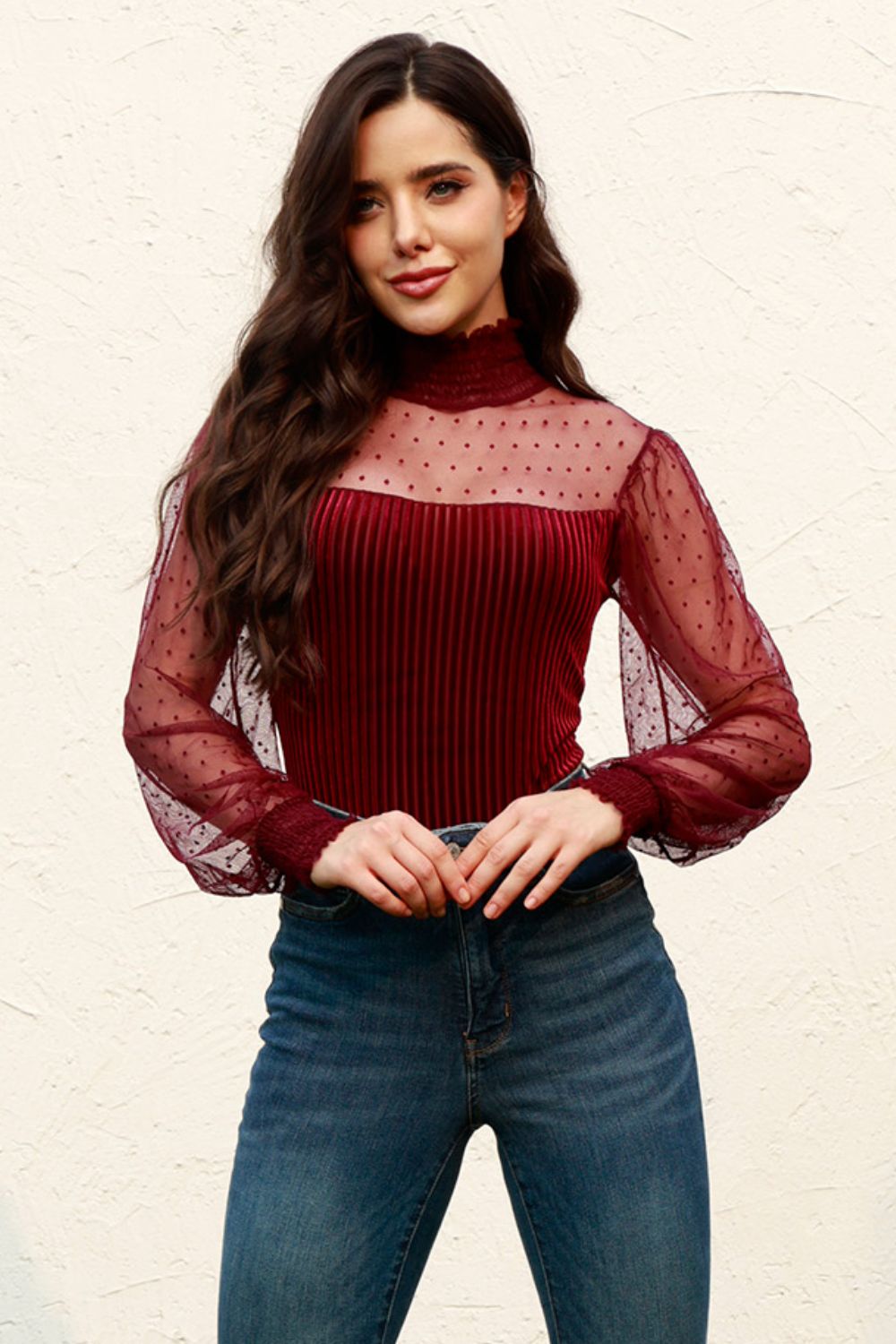 Mesh Long Sleeve Velvet Bodysuit-Angel Casuals