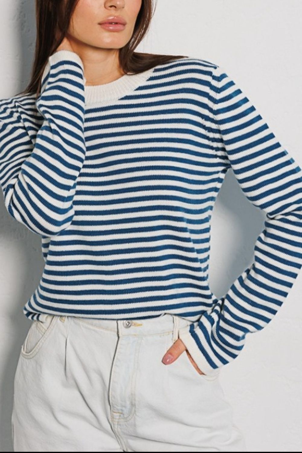 Striped Round Neck Long Sleeve Sweater-Angel Casuals