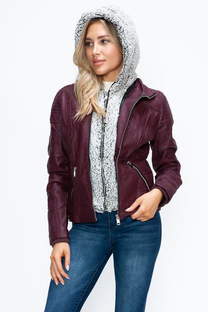 YMI Faux Layered Double-Zipper Jacket with Fuzzy Hood-Angel Casuals