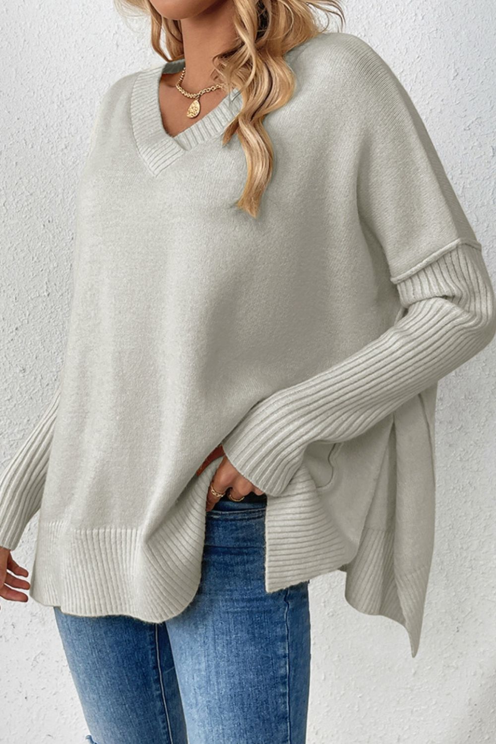 Slit V-Neck Dropped Shoulder Sweater-Angel Casuals