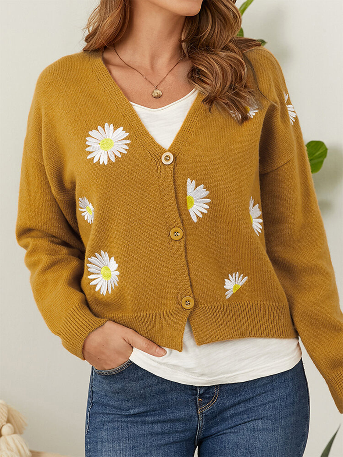 Flower Button Front Dropped Shoulder Cardigan-Angel Casuals