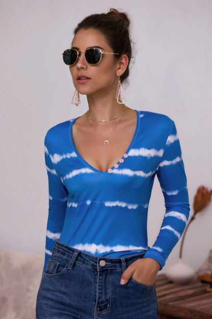 Tie-Dye Plunge Long Sleeve Top-Angel Casuals