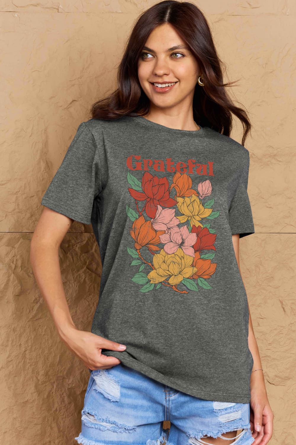 Simply Love Full Size GRATEFUL Flower Graphic Cotton T-Shirt-Angel Casuals