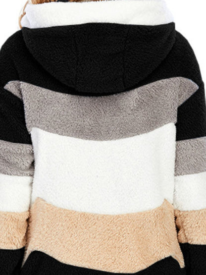 Full Size Drawstring Color Block Zip Up Hooded Outerwear-Angel Casuals