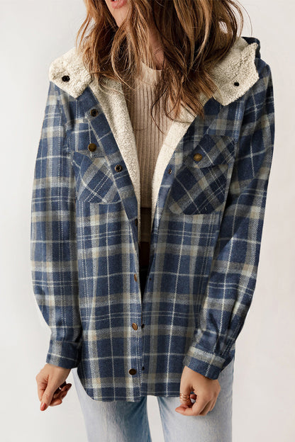 Plaid Snap Down Hooded Jacket-Angel Casuals