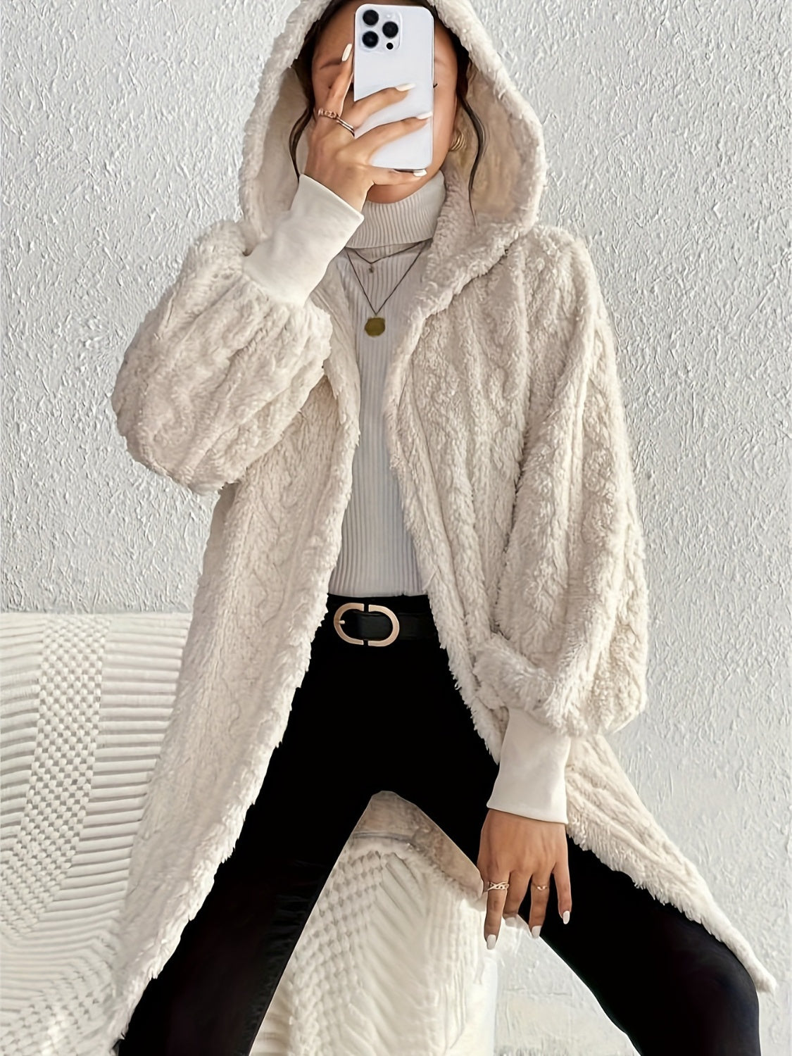 Open Front Long Sleeve Fuzzy Hooded Jacket-Angel Casuals