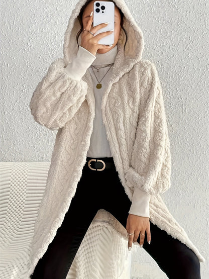 Open Front Long Sleeve Fuzzy Hooded Jacket-Angel Casuals