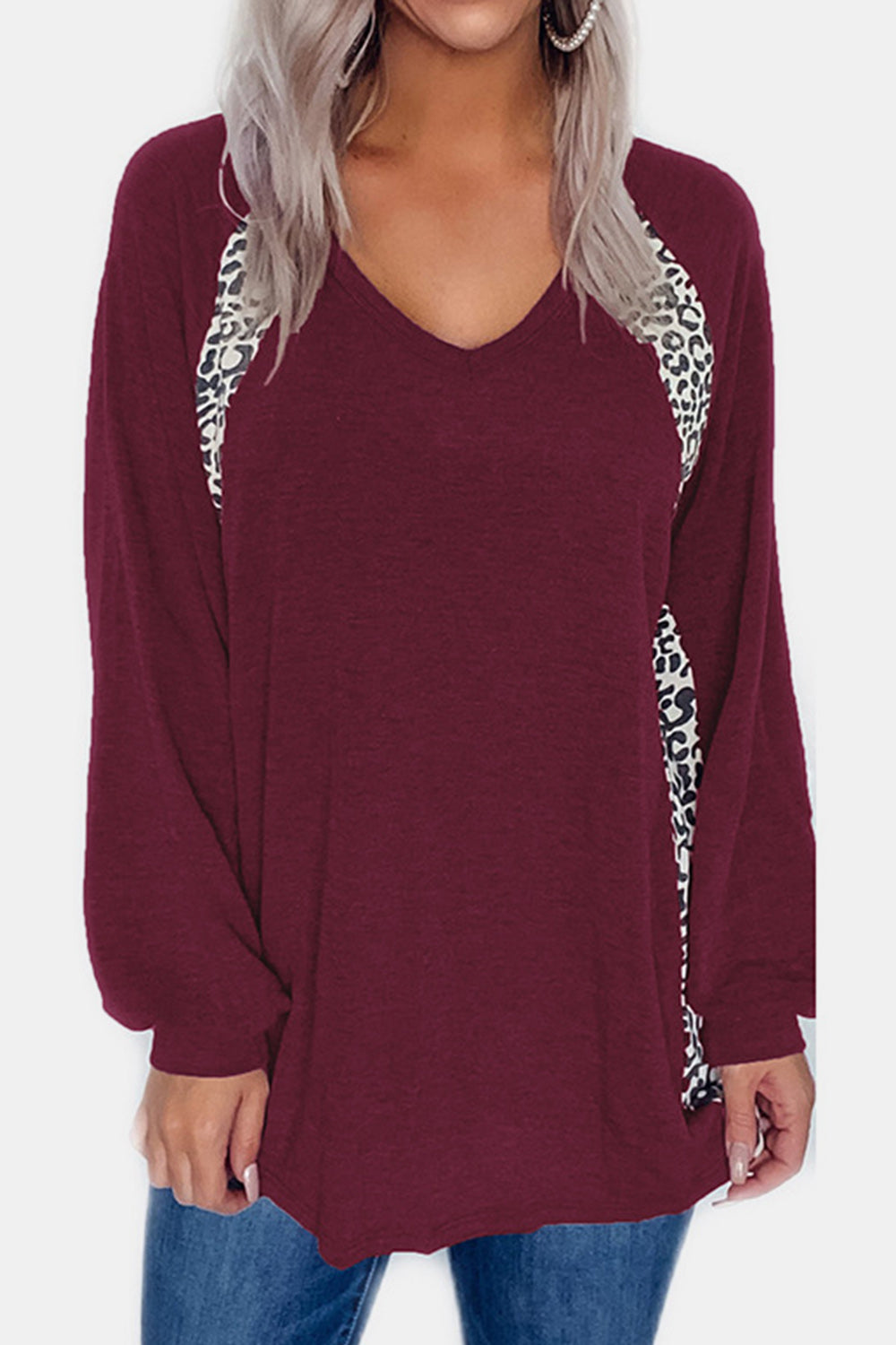 Full Size Leopard V-Neck Long Sleeve T-Shirt-Angel Casuals