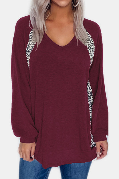 Full Size Leopard V-Neck Long Sleeve T-Shirt-Angel Casuals