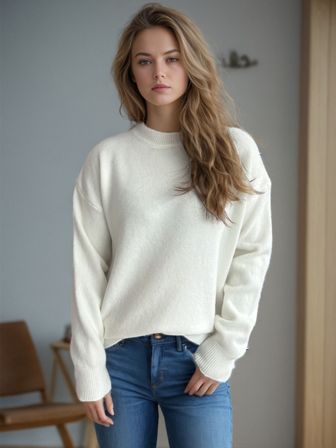 Round Neck Drop Shoulder Long Sleeve Sweater-Angel Casuals