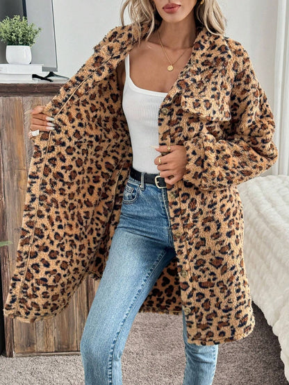 Leopard Button Up Long Sleeve Fuzzy Coat-Angel Casuals