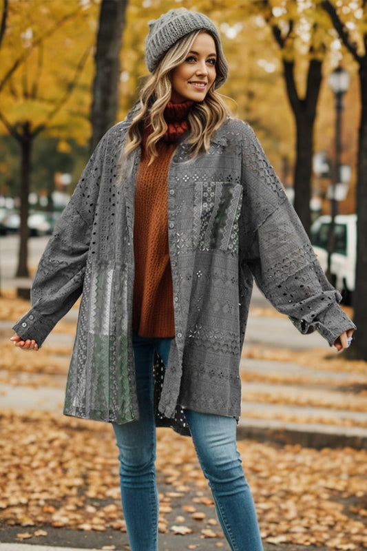 Openwork Button Up Long Sleeve Shacket-Angel Casuals