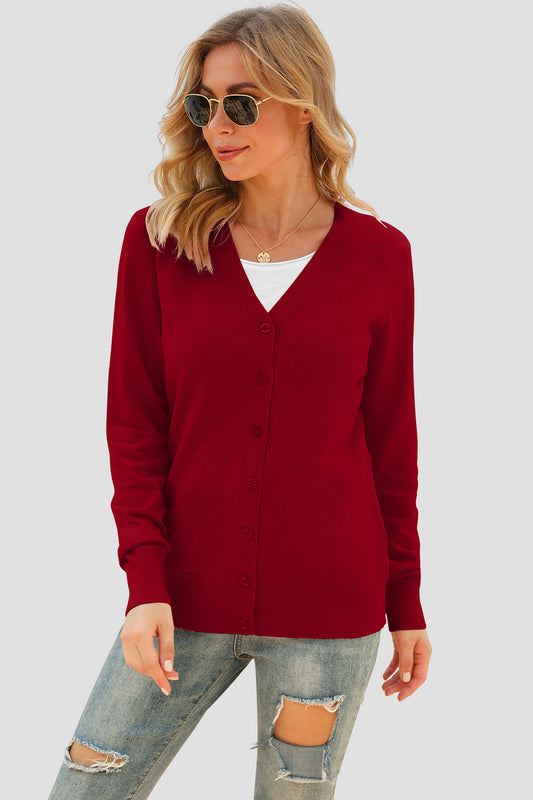 Button Up V-Neck Long Sleeve Cardigan-Angel Casuals