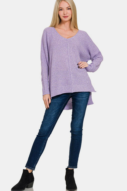 Zenana High-Low Center Seam V-Neck Sweater-Angel Casuals