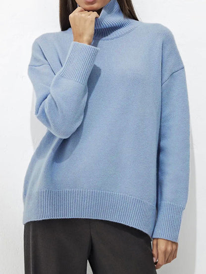 Ribbed Detail Turtleneck Dropped Shoulder Sweater-Angel Casuals