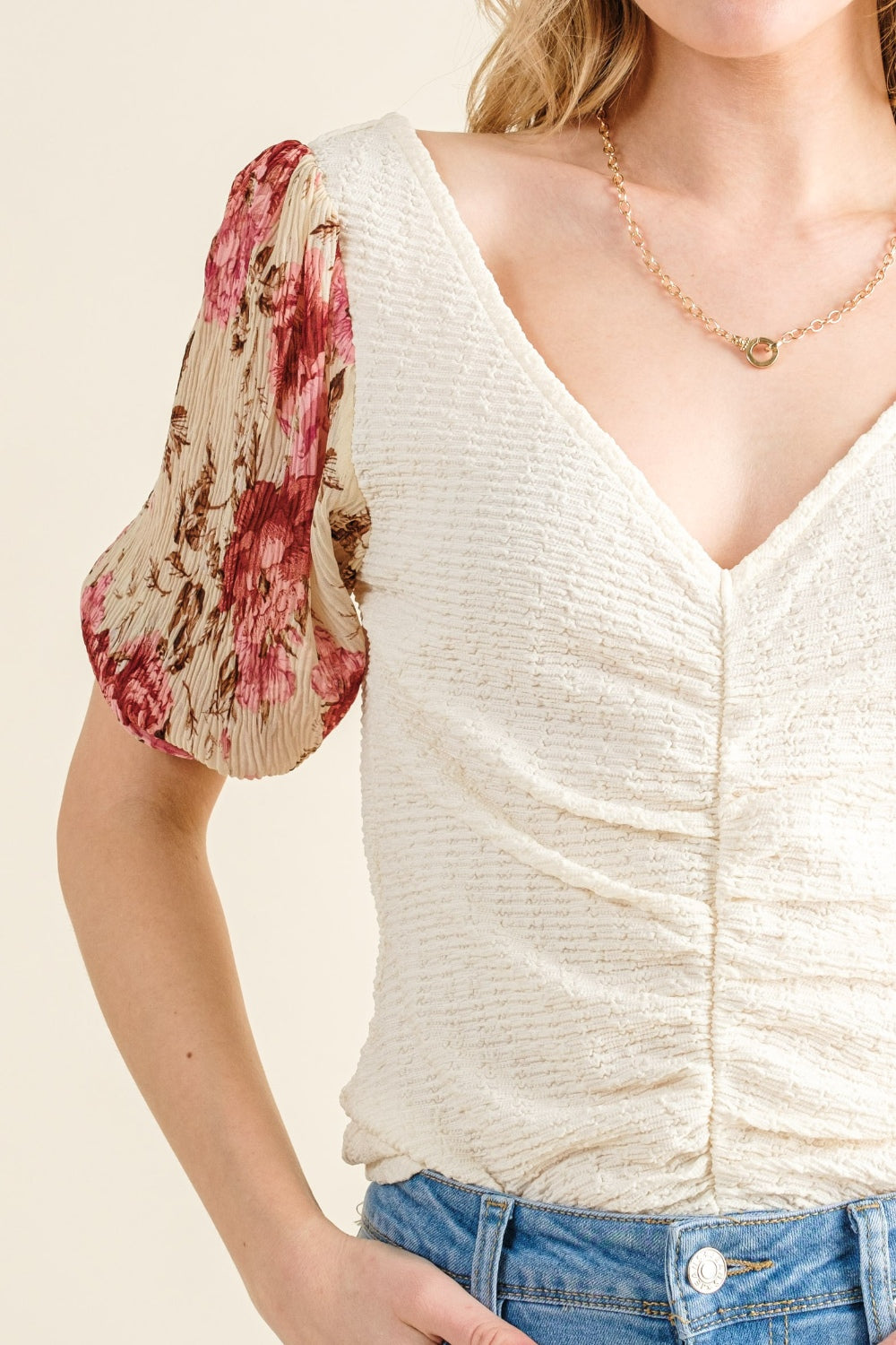 And The Why Full Size Floral Print Textured Sleeve Knit Top-Angel Casuals