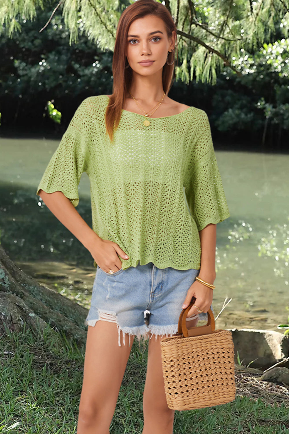 Openwork Round Neck Half Sleeve Knit Top-Angel Casuals