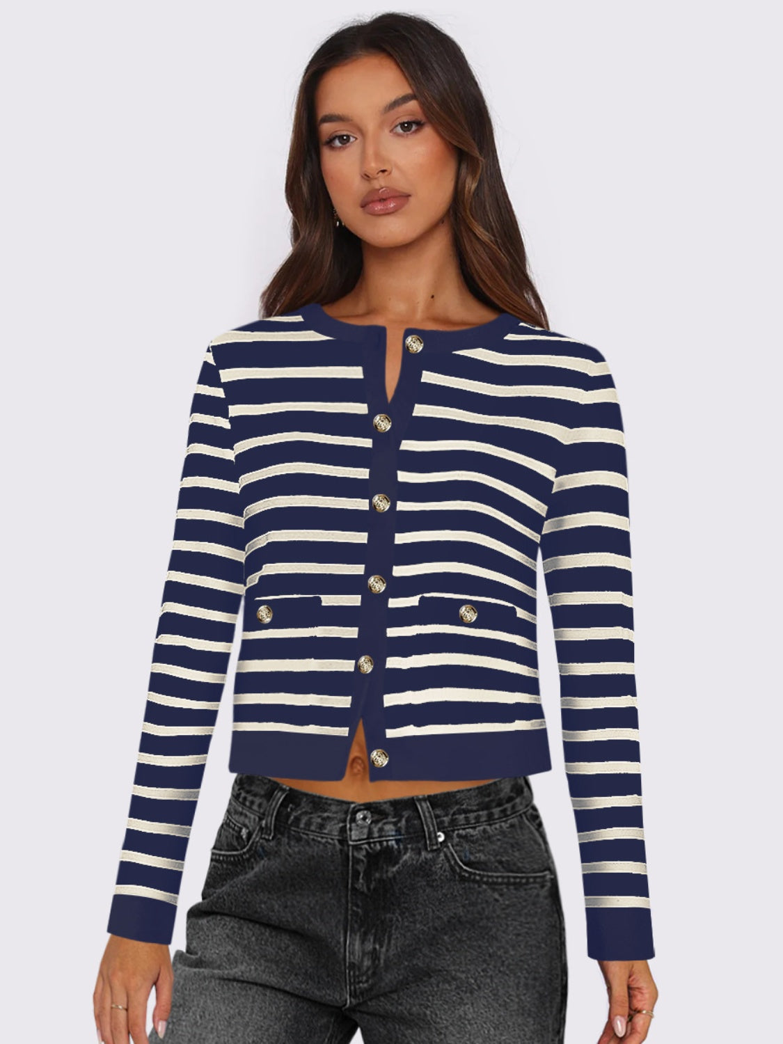 Striped Round Neck Button Up Long Sleeve Cardigan-Angel Casuals