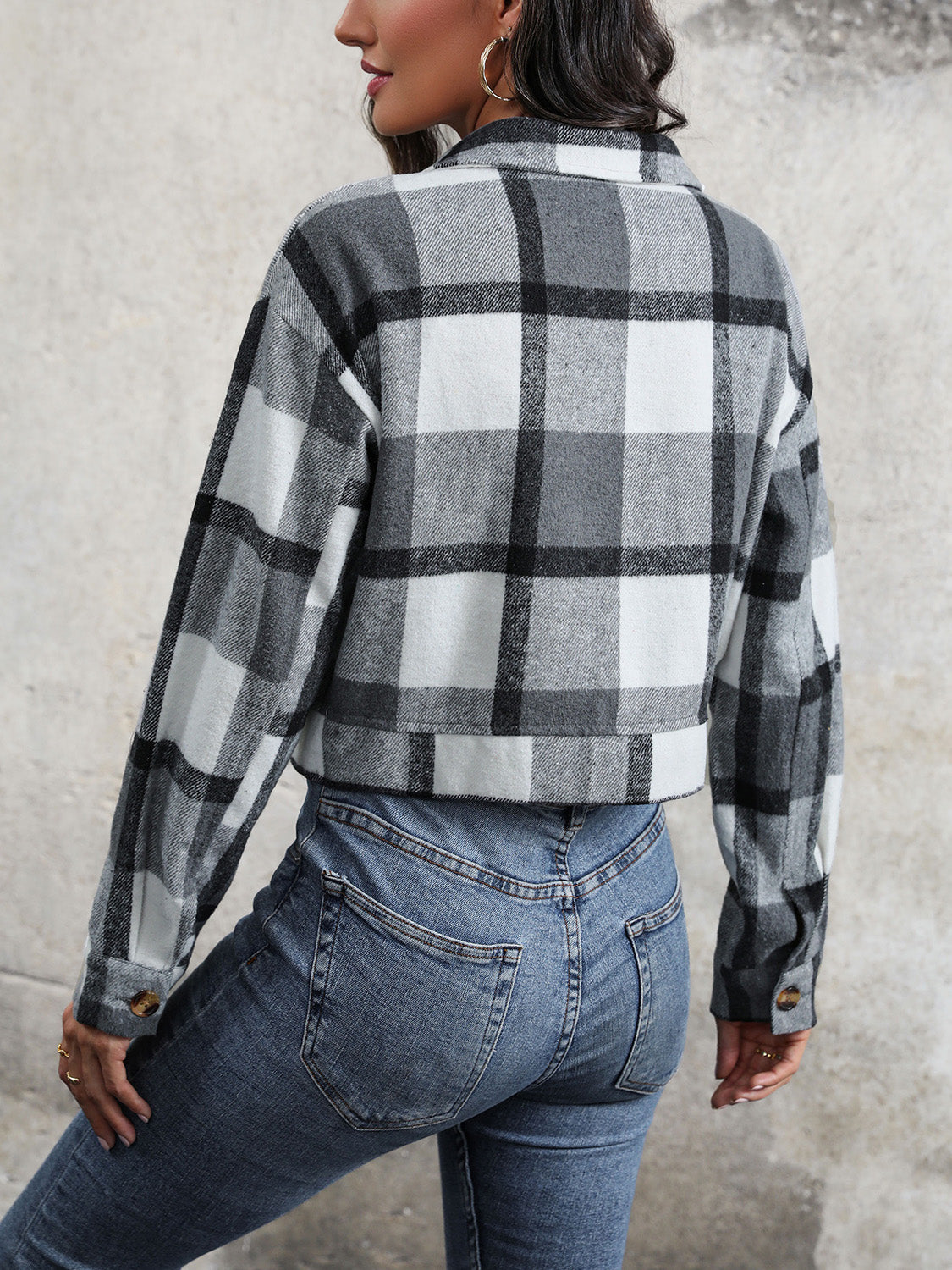 Perfee Plaid Button Up Drop Shoulder Cropped Jacket-Angel Casuals
