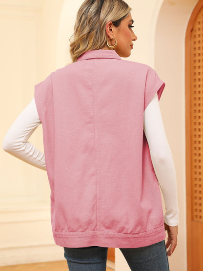 Pocketed Button Up Sleeveless Denim Jacket-Angel Casuals