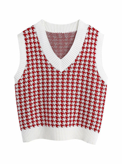 Houndstooth V-Neck Sweater Vest-Angel Casuals