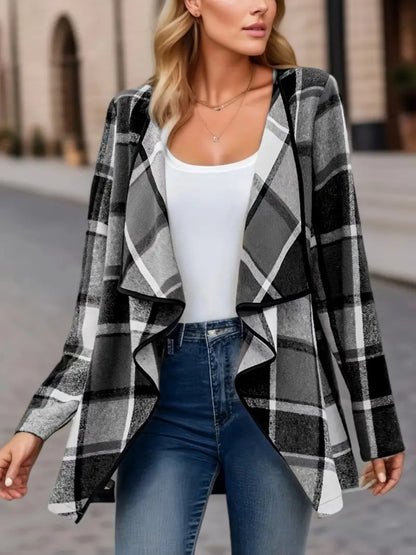 Plaid Open Front Long Sleeve Jacket-Angel Casuals