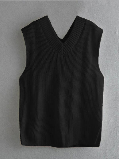 Ribbed V-Neck Sleeveless Sweater Vest-Angel Casuals
