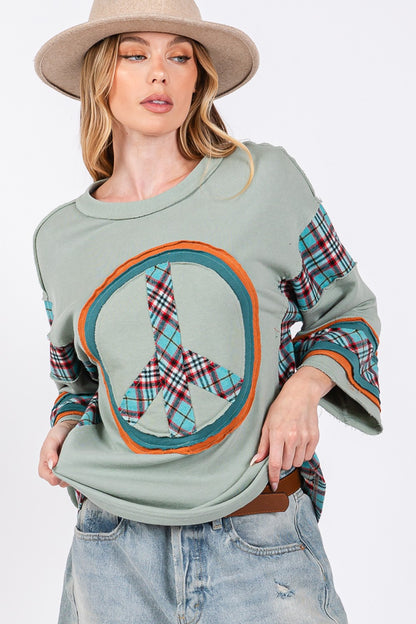 SAGE + FIG Peace Applique Patch Contrast Plaid Top-Angel Casuals