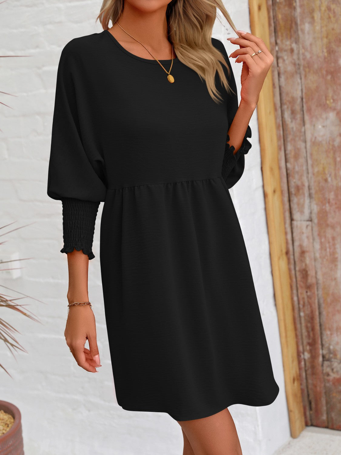 Round Neck Lantern Sleeve Mini Dress-Angel Casuals