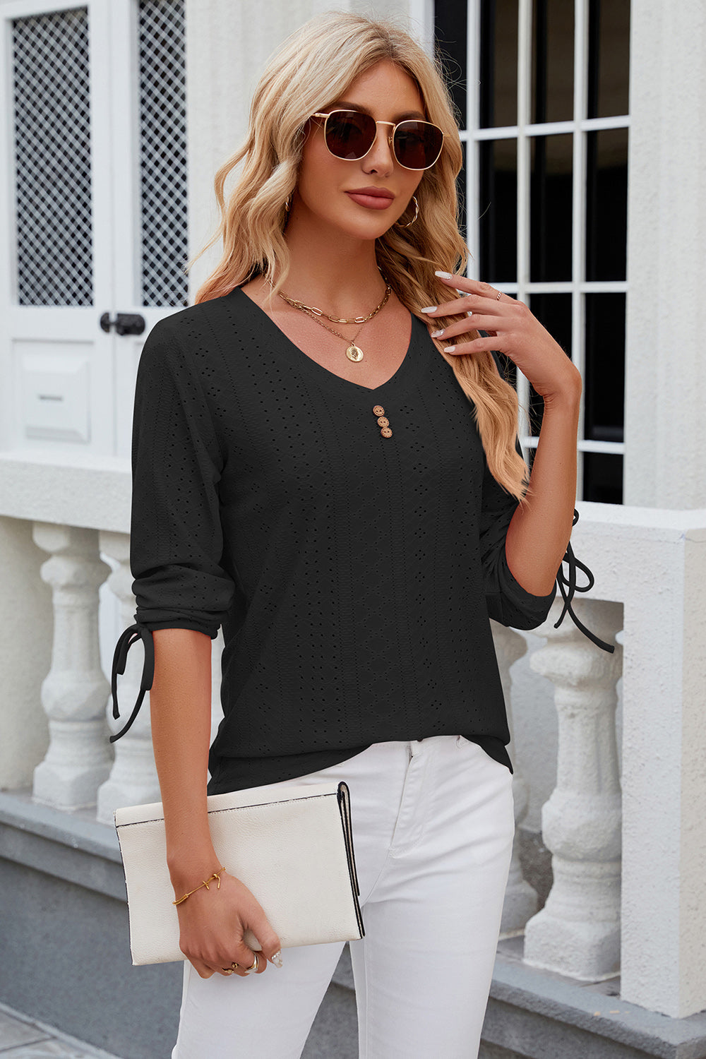Eyelet Drawstring V-Neck Half Sleeve T-Shirt-Angel Casuals