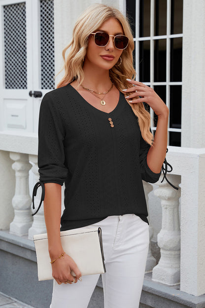 Eyelet Drawstring V-Neck Half Sleeve T-Shirt-Angel Casuals