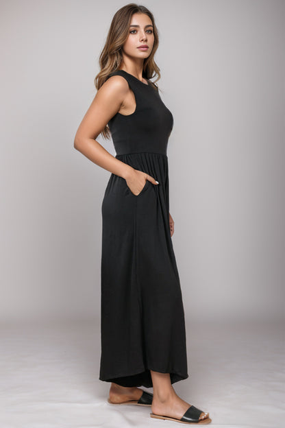 Round Neck Sleeveless Jumpsuit with Pockets-Angel Casuals