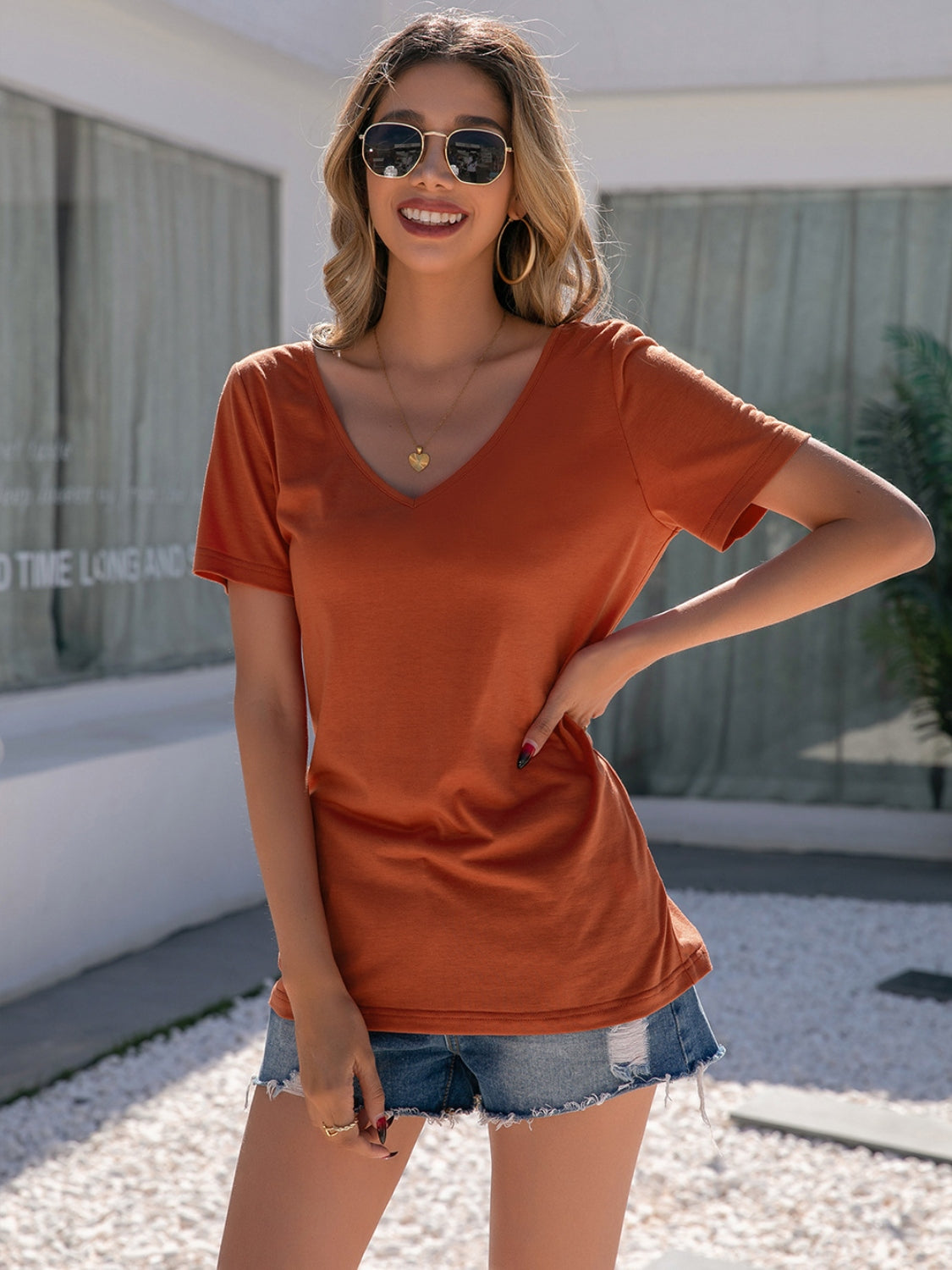 Lace Detail V-Neck Short Sleeve T-Shirt-Angel Casuals
