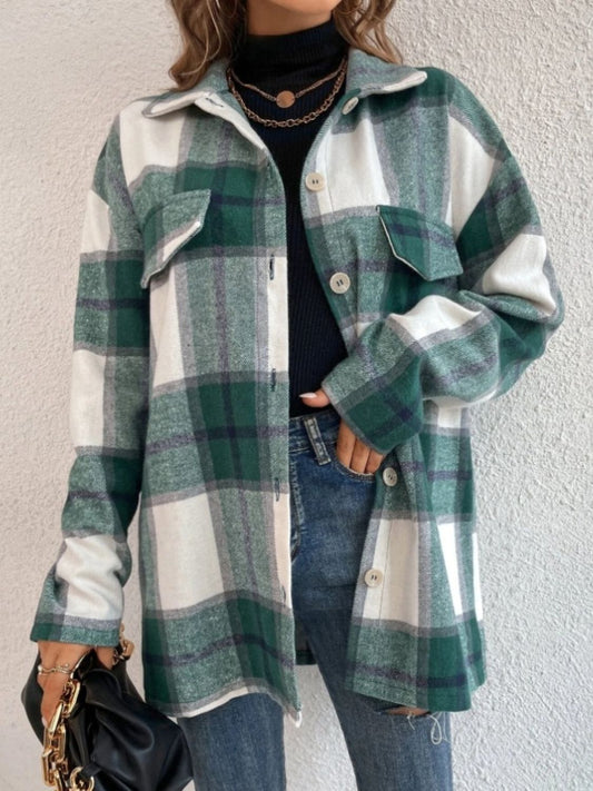 Plaid Collared Neck Dropped Shoulder Shacket-Angel Casuals
