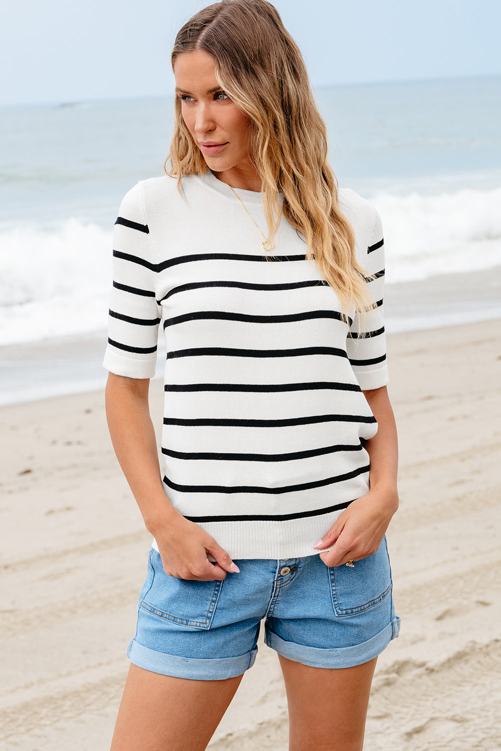 Round Neck Half Sleeve Knit Top-Angel Casuals