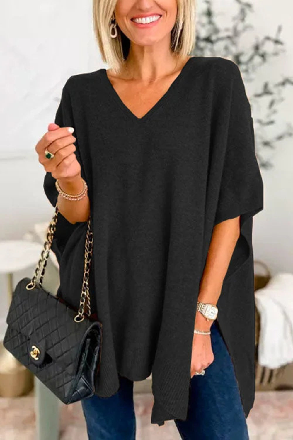 Slit V-Neck Half Sleeve Knit Top-Angel Casuals