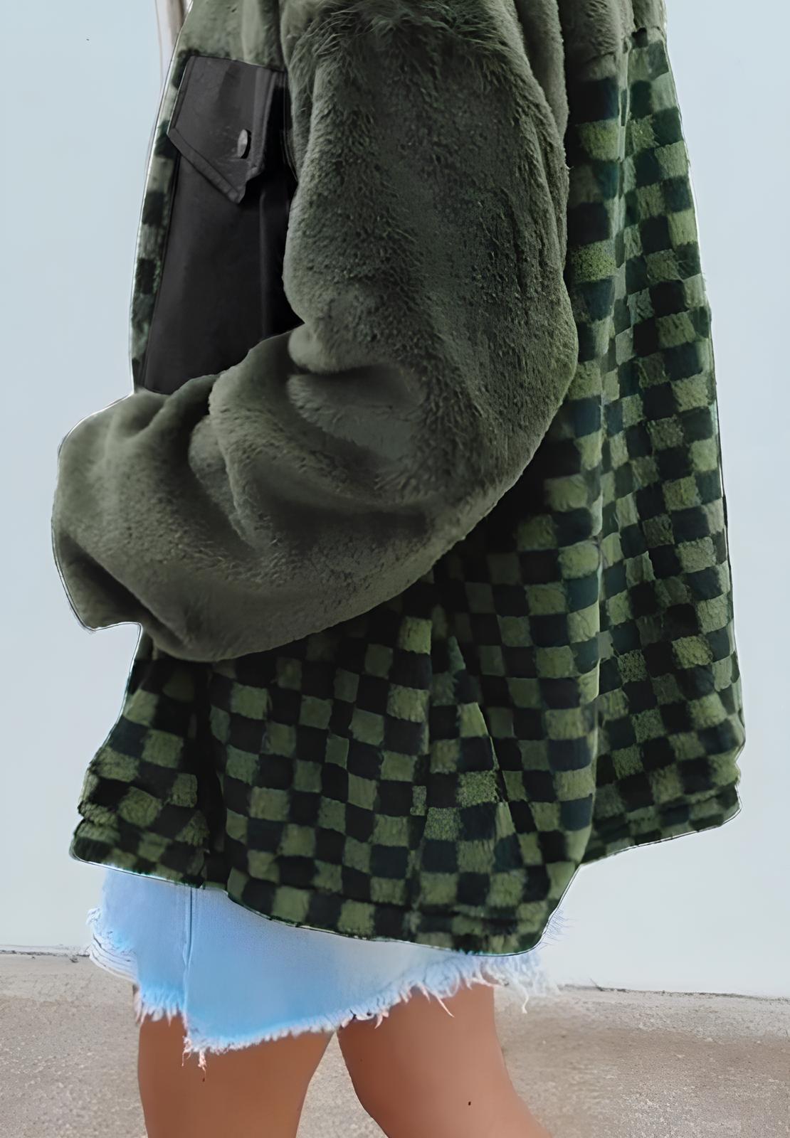 Pocketed Checkered Collared Neck Snap Down Jacket-Angel Casuals