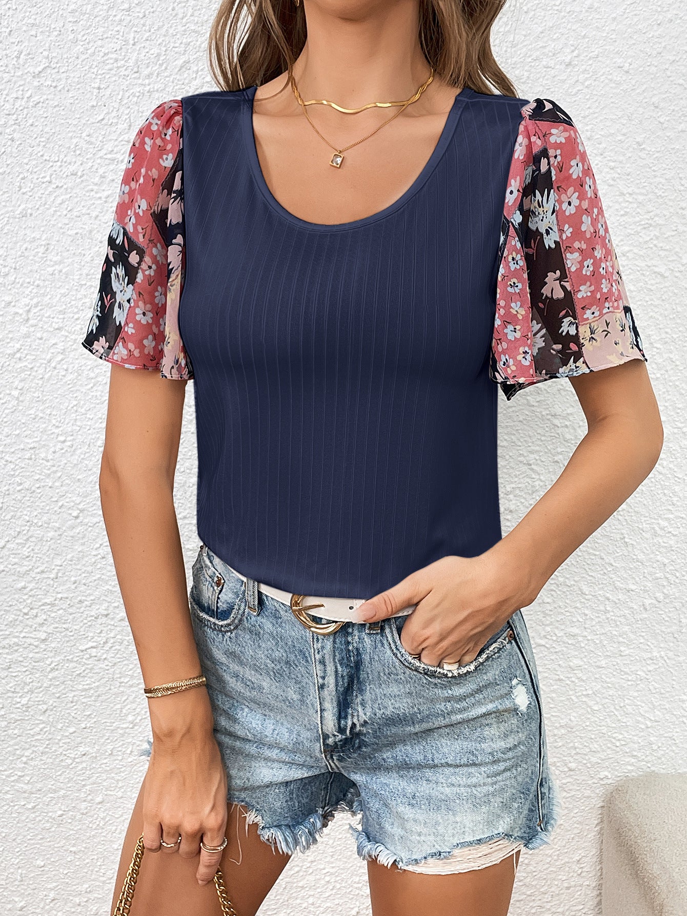 Printed Puff Sleeve Round Neck Tee-Angel Casuals