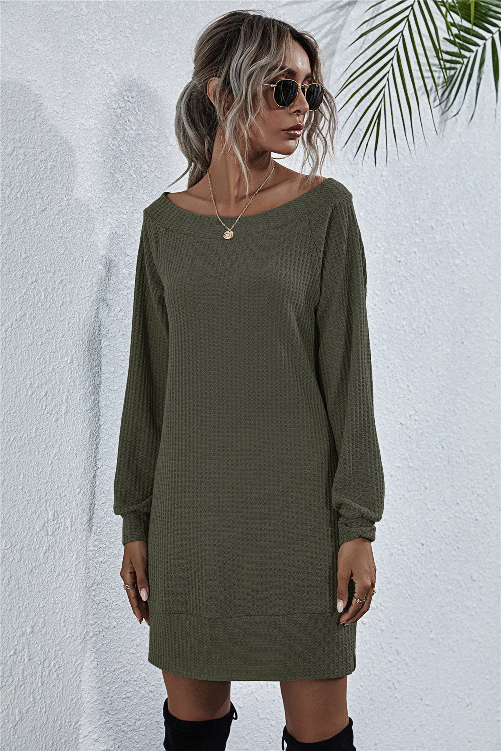 Waffle-Knit Boat Neck Mini Dress-Angel Casuals